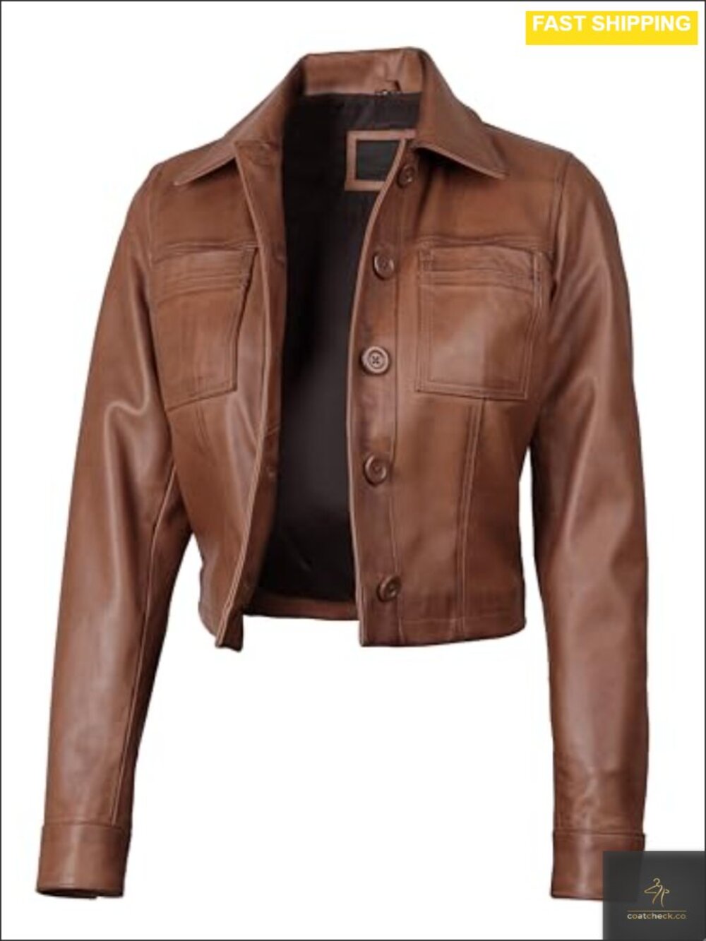 Cropped Real Lambskin Leather Jacket Shirt Collar Button Closure